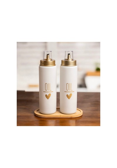 Bambu Standlı 2 Li Damlatmaz Kapaklı Cam 550 Ml Oil Yağdanlık Yağlık Set Beyaz Beyaz