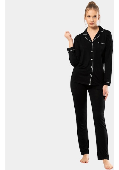 Türen Düz Uzun Kollu Gömlek Yaka Pijama Takım 001