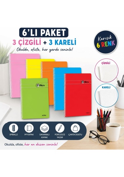 Lexroo A5 Spiralli Okul Defteri - 6 Lı Paket Çok Renkli