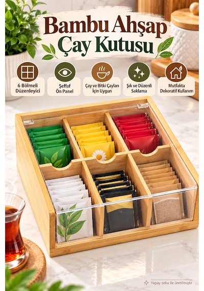 Bambu Ahşap Çay Kutusu 6 Bölmeli Şeffaf Kapaklı Çay Ve Bitki Çayı Düzenleyici 21x20x10 Cm Sarı