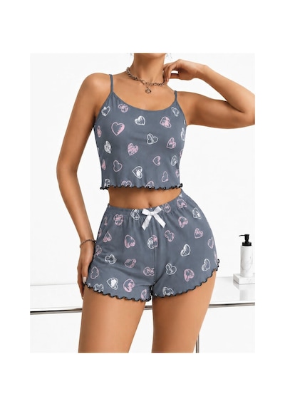 Motto10 Butik Kadın Gri Kalp Desenli Dantel Askılı Şortlu Pijama Takımı 5265