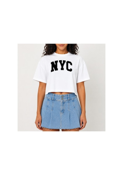 Urbantrendstore Crop Tişört Beyaz New York City Baskılı Rahat Kesim Raw Cut Basic Kısa Tshirt