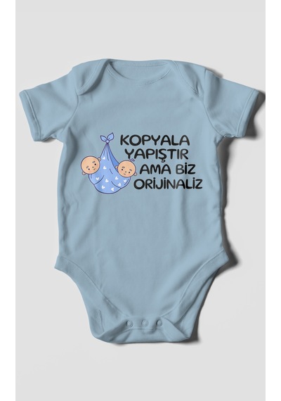 Morivokids Kopyala Yapıştır, Ama Yazılı Kısa Kollu Bebek Body %100 Pamuk Bebe Mavisi