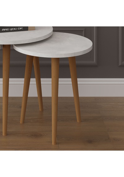 Asra Trend 3'lü Yuvarlak Zigon Sehpa Takımı SEHPA01 %100 MDF Ahşap Ayaklı Retro Taş