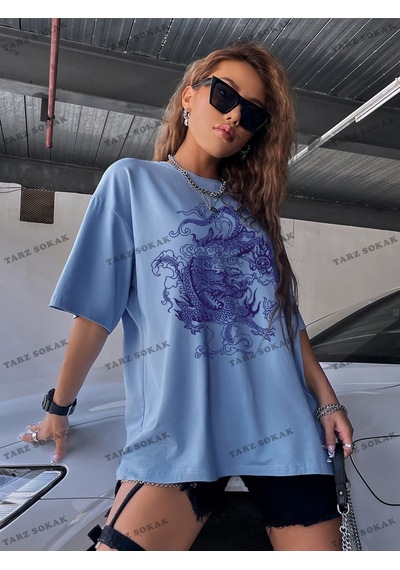 Flood Of Style Unisex Bay Çin Ejderha Grafikli Düşük Omuzlu Büyük Boy Tişört Kod-1349 Mavi