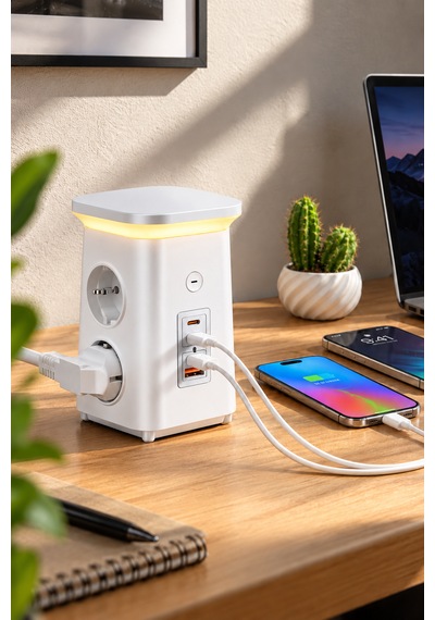 Akım Korumalı Masaüstü Priz 4 Priz, 2 Usb-c + Usb-a, Pd 20w & Qc 18w Hızlı Şarj, 3680w, Led Aydınlatmalı 1.9 M