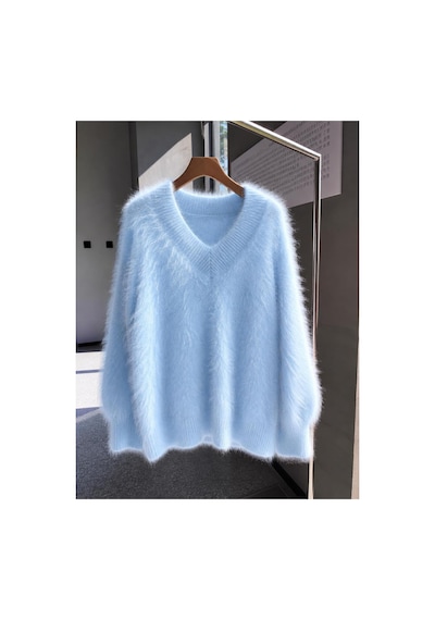 De Pose Kadın Oversize Peluş Yumoş Tüylü V Yaka Basic Triko Kazak Bebe Mavi