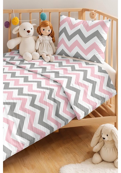 Evimde Bambaşka Geometrik Zigzag Pembe Kız Çocuk Pike Takımı-gri Beyaz Pastel Bebek Odası Yatak Örtüsü-160x220  CM
