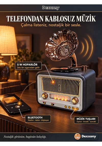 Dexxony Dx-2528 Antrasit Nostaljik Radyo Retro Gramofon Büyük Boy Şarjlı Bluetooth Hoparlör Fm Usb