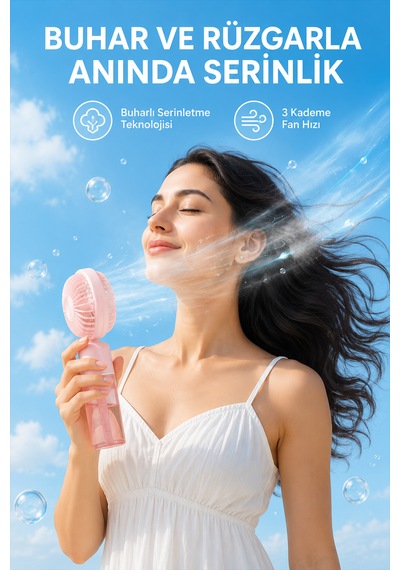 Taşınabilir Şarjlı Su Püskürtmeli 3 Kademeli Mini El Fanı Pembe