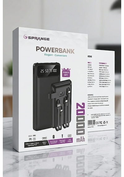 Sprange 20000 Mah Kendinden 4 Kablolu Dijital Göstergeli Led Fenerli Powerbank Taşıma Kılıfı  20.000 Mah