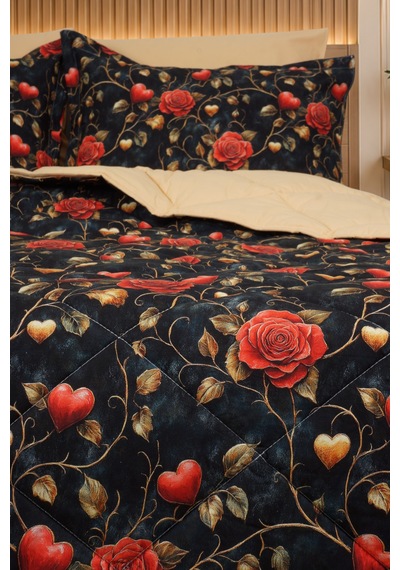 Roselia Luxe Çift Kişilik Gül Ve Kalp Desenli Premium 5d Uyku Seti Çeyiz Seti Lastikli Çarşaflı Siyah