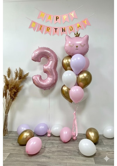 3 Yaş Kedi Temalı Doğum Günü Balon Seti Pembe Gold Konsept Pembe - Altın