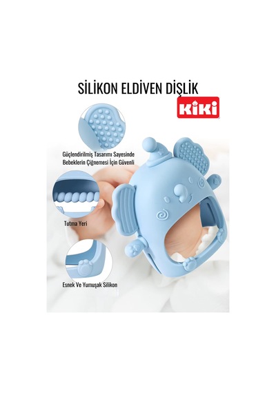 Silikon Bebek Diş Kaşıyıcı - Diş Kaşıma Eldiveni -silikon Eldiven Dişlik Fil Mavi