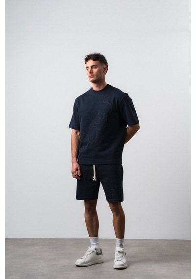 Erkek Nakış Detaylı Regular Fit T-shirt Şort Takım Lacivert