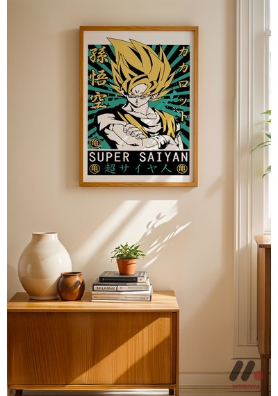Dragon Ball Super Saiyan Goku Poster, Ahşap Çerçeveli Duvar Tablosu - Anime Severlere Özel Hediye