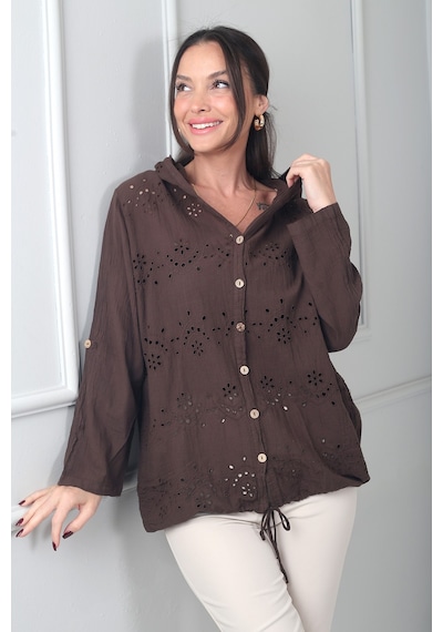 By Saygı Kadın Kapüşonlu Önü Düğmeli Cepli Brode Fisto İşlemeli İtalyan Cotton Ceket Kahve By Saygı Kadın Kapüşonlu Önü Düğmeli Cepli Brode Fisto İşlemeli İtalyan Cotton Ceket Kahve