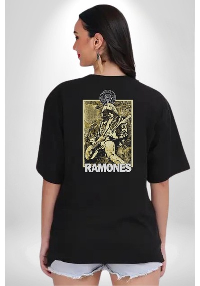 Ramones Rock Kulüp Pamuklu Unisex Oversize Sırt Dijital Baskılı Siyah T-shirt Siyah