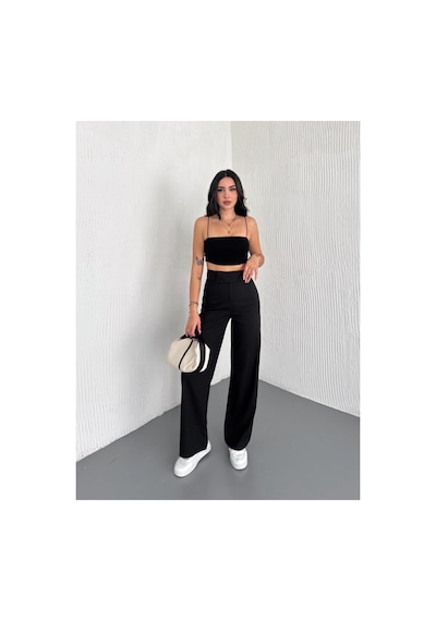 Gugus Kadın Cepsiz Dokuma Kumaş Pantolon Beli Cırtlı Bol Paça Wide Leg Model Siyah