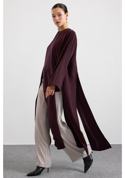 Olcay Derin Yırtmaçlı Oversize Uzun Tunik Mürdüm 9838
