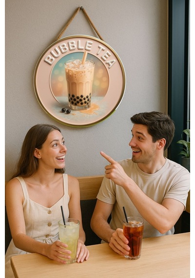 Bubble Tea Temalı Kapı Süsü Tablosu, Boba İçecek Konseptli Dekoratif Cafe Büfe Duvar Aksesuarı