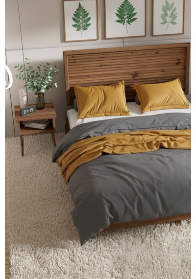 Ebruli Yatay Başlıklı Masif Ahşap Karyola Ve 2 Ceviz 90x200