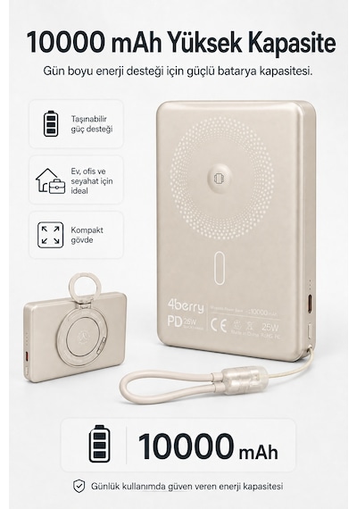 Ym307 10000 Mah Manyetik Kablosuz Powerbank 25w Pd Hızlı Şarj, 15w Kablosuz Şarj Ve 360 Döner Stand Gold