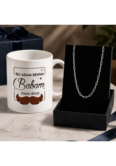 Bk Gift Kişiye Özel Babalar Günü Tasarımlı Beyaz Kupa & Ataç Zincir Kolye -6, Babalar Günü Hediyesi Gümüş
