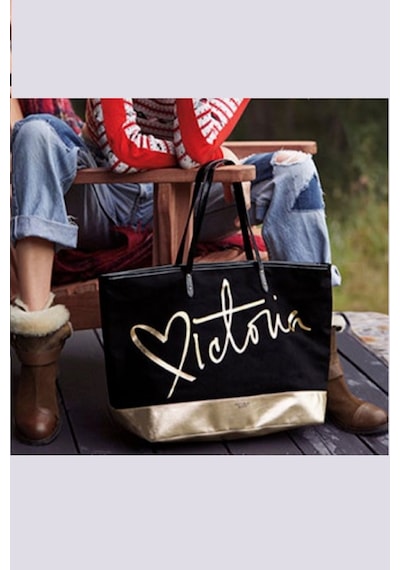 Victoria's Secret Vs Siyah Gold Kanvas Tote Seyahat Çantası Siyah
