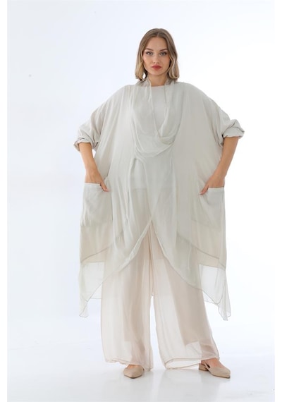 Bohem Stil Italyan Ipek Detaylı Oversize Kap Bluz- Wes Pantolon Takım-8789 Bej