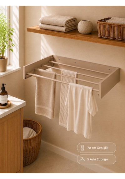 Çamaşır Kurutma Askılığı Katlanır Duvara Monte Balkon Banyo Askılık Duvar Tipi Yer Tasarruflu Çamaşırlık 70 Cm Belize Cappucino