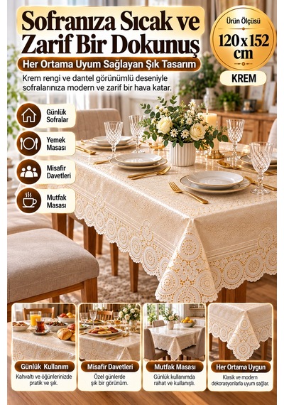 Krem 120x152 Cm Dantel Görünümlü Pvc Masa Örtüsü Sıvı Geçirmez Silinebilir Mutfak Masa Örtüsü Lüks