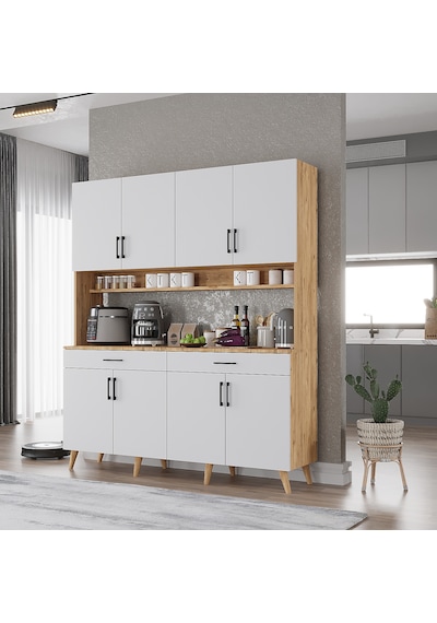 Denze Kahve Köşesi Çok Amaçlı Dolap Kiler Mutfak Dolabı Çam Beyaz 140 Cm Çam Beyaz