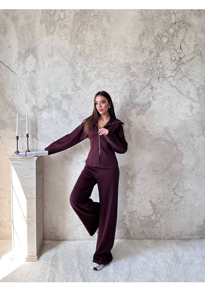 Hopıan Kadın Bordo Fermuarlı Yarasa Kol Crop Sweatshirt