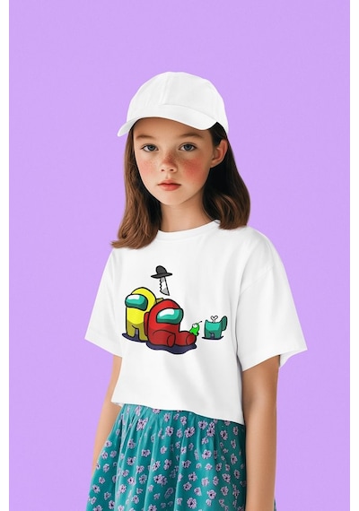 Sevbano Among Us Baskılı Unisex Oyun Çocuk Tişört 1-12 Yaş Beyaz