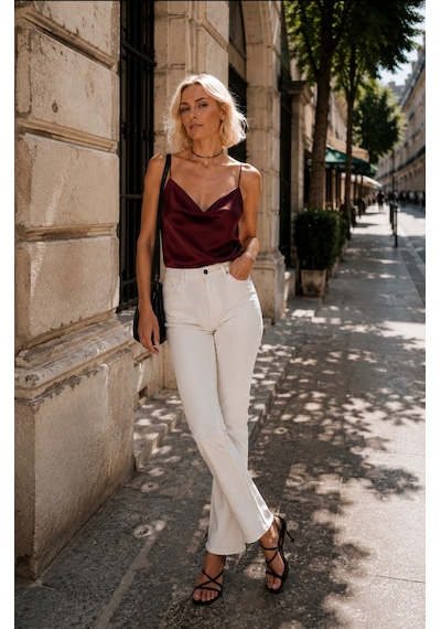 Efortless Chic Saten Degaje Yaka Askılı Bluz bordo