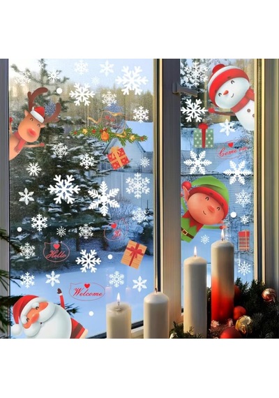 80 Adet Kar Tanesi Pencere Cam Yapışkanları, Noel Baba Geyik Çıkartmaları