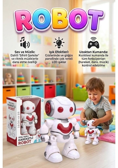 Dans Eden Robot 7 Fonksiyonlu Uzaktan Kumandalı Işıklı Sesli Müzikli Yürüyen Akıllı Oyuncak Robot Kırmızı