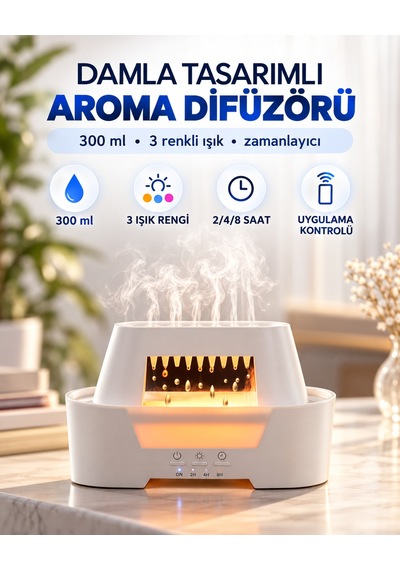 Damla Tasarımlı Aroma Difüzör 300 Ml Hava Nemlendirici Amber Işıklı 3 Renk Led Zamanlayıcılı Uygulama Kontrollü Dekoratif Buhar Makinesi Beyaz