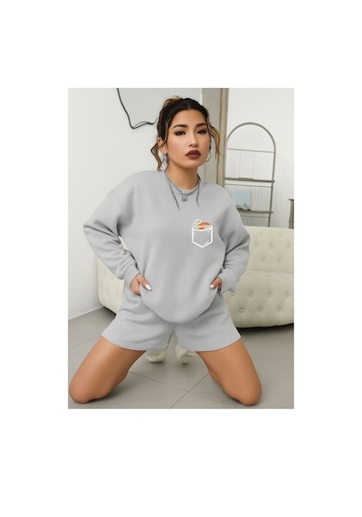 Benroma 3 İplik Penye Papatya Baskılı Unisex Sweatshırt Gri