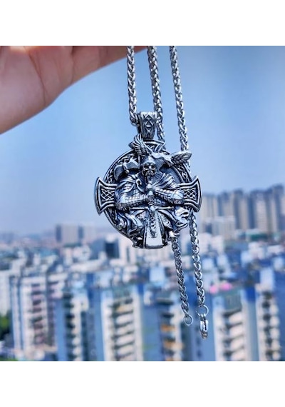 Paslanmaz Çelik Viking Savaşcı Odin Kolye - Viking Kolye Gümüş