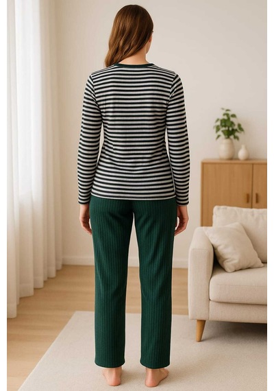 Tenra Kadın Pijama Takımı %100 Pamuk Yeşil Çizgili Yeşil
