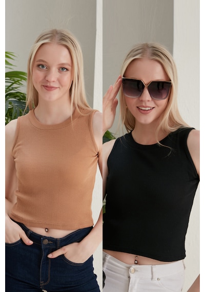 Catspy Kadın Halter Yaka 2'li Crop Bluz Atlet Camel - Siyah