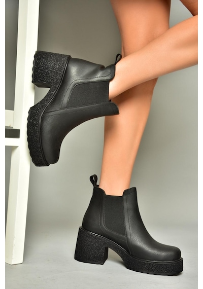 Fox Shoes T996220009 Siyah Kalın Topuklu Kadın Bot Siyah-Suni Deri