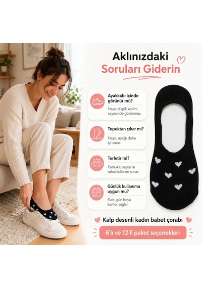 Çorap Giyim Kadın Kalp Desenli Görünmez Ekonomik Babet Çorabı 6 Lı Paket Siyah, Beyaz Ve Karışık Renk Kaymaz Topuklu Pamuklu Çorap