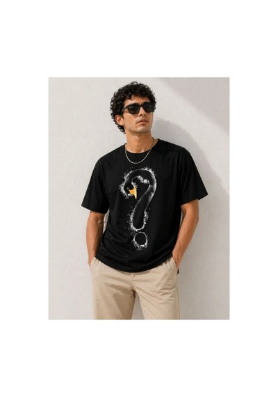 Butik İstanbul Erkek Kuğu Figürlü Soru İşareti Baskılı Tişört Kısa Kol T-shirt - Siyah