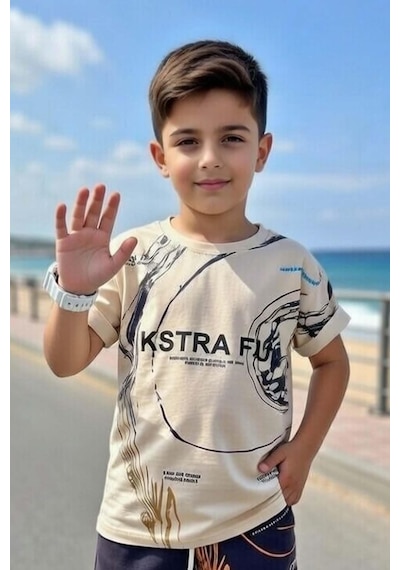 Riccotarz Erkek Çocuk Üzerinde Şekiller Ve Fun Yazı Baskılı Bej Tişört Şortlu Takım Bej