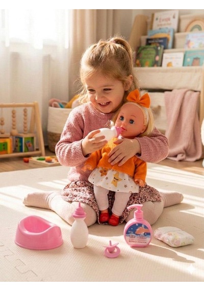 Mila Altını Islatan Konuşan 34 Cm Bebek Bakımı Eğitici Aksesuarlı Oyun Seti Turuncu