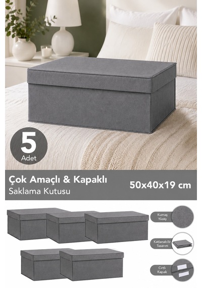 5'li Organizer Baza Hurç Seti - Çok Amaçlı Kapaklı Saklama Kutusu 50x40x19cm Antrasit