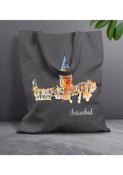 Bk Gift İstanbul Tasarımlı-3 Antrasit Kumaş Bez Çanta, Baskılı Omuz Çantası, Alışveriş Çantası, Anneye Hediye Sarı